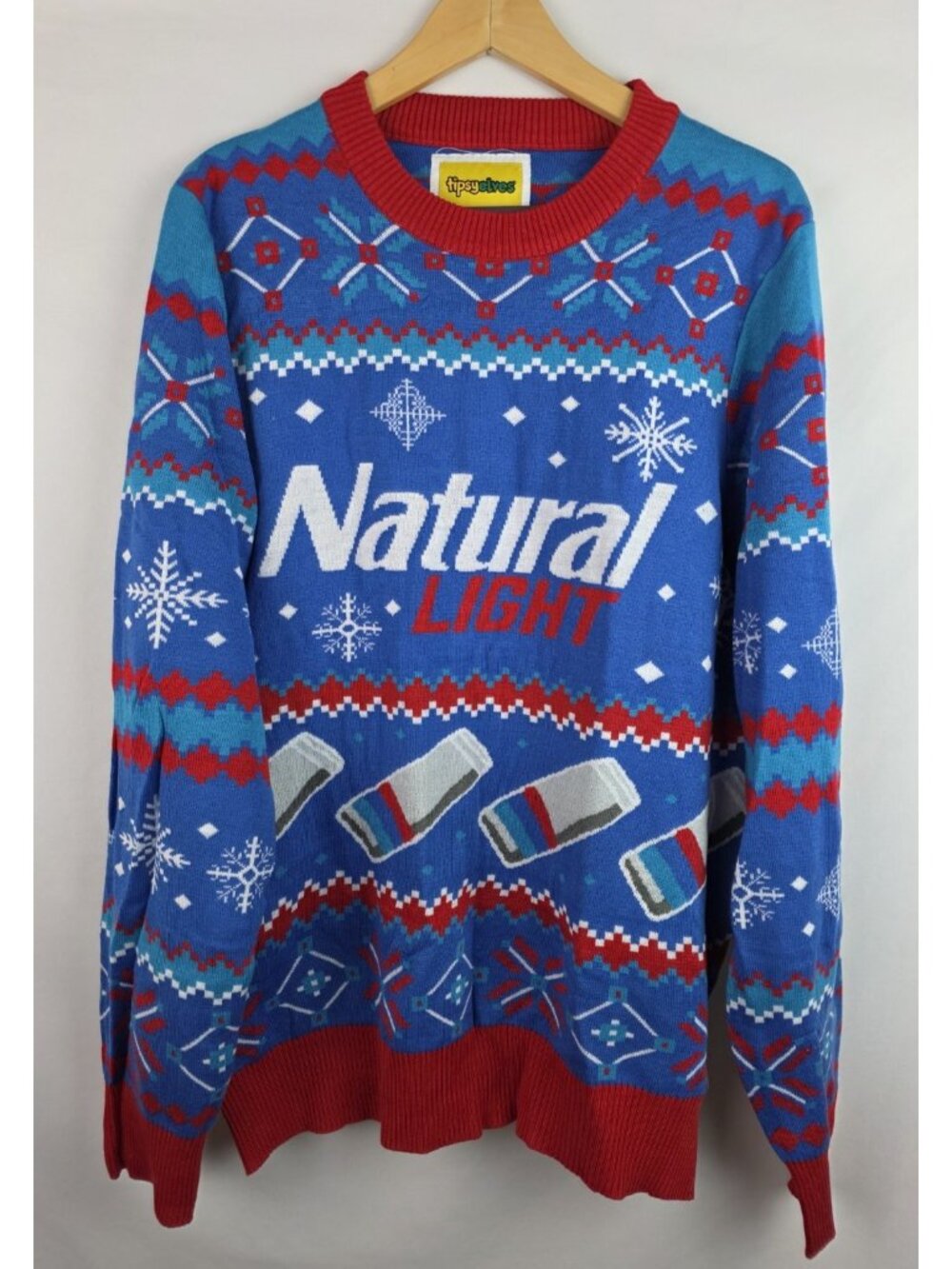 Tipsy Elves Natural Light Ugly Christmas Sweater Medium Blue Natty Light Beer
